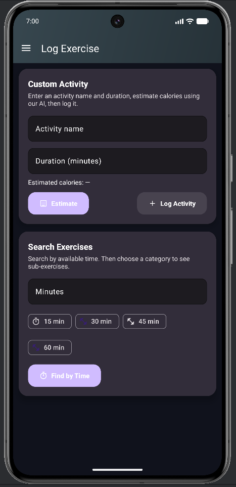 Exercise logging menu