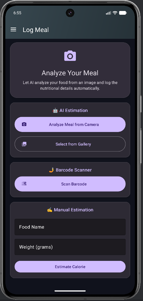 Log meal menu interface